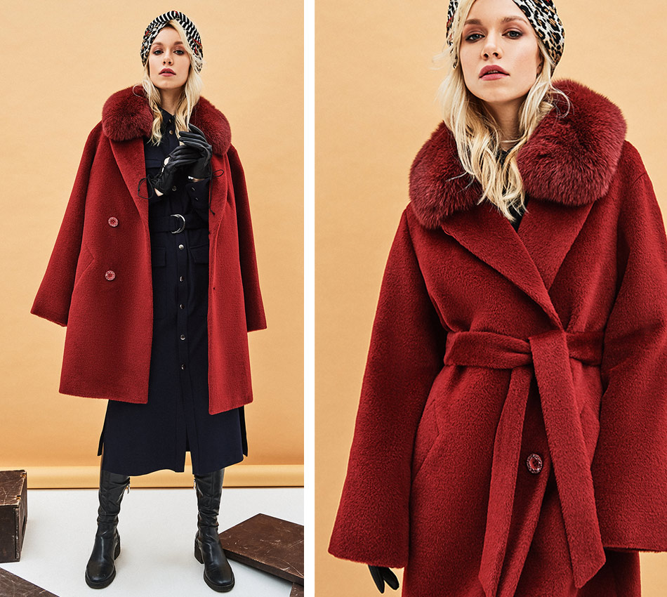 Пальто брусничного цвета, из шерсти альпаки. Модная коллекция "Кашемир Москвы"