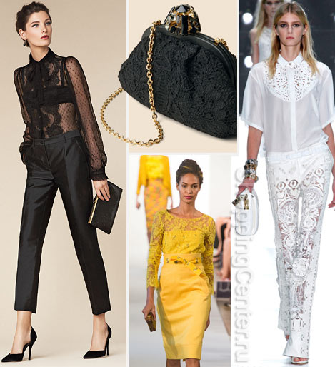 На фото кружевные вещи из модных коллекций: Dolce&Gabbana, Oscar de la Renta, Roberto Cavalli
