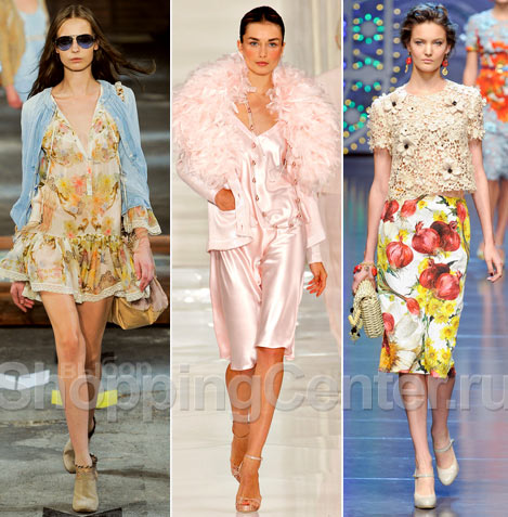 На фото: одежда в романтическом стиле из модных коллекций Just Cavalli, Ralph Lauren, Dolce & Gabbana