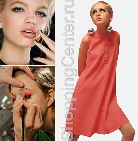 На фото модный макияж в стиле 60-х, с накладными ресницами, от Dolce & Gabbana, 3.1 Phillip Lim; модель 60-х Твигги