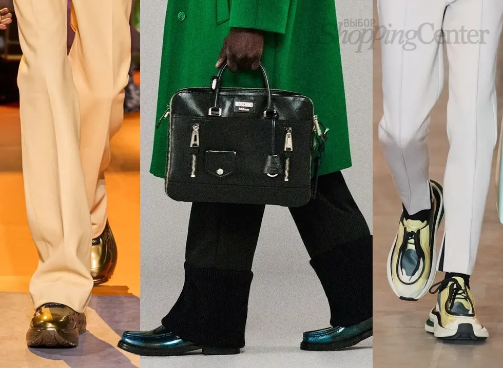 На фото модная мужская обувь – ботинки Louis Vuitton, перламутровые зеленые туфли Moschino, туфли Prada