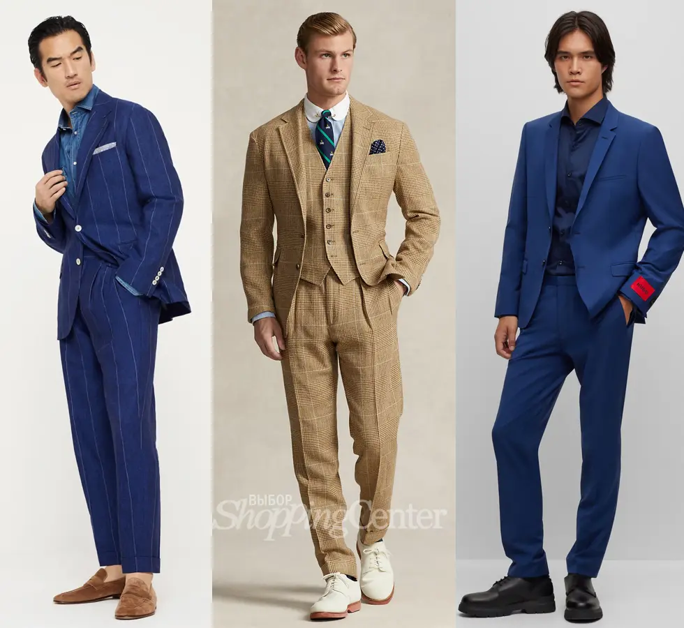 На фото модные костюмы для мужчин: синий костюм Brunello Cucinelli, костюм, галстук, обувь, от Ralph Lauren, синий костюм с шевроном Hugo Boss. Смотрите, какую рубашку подобрать к синему костюму