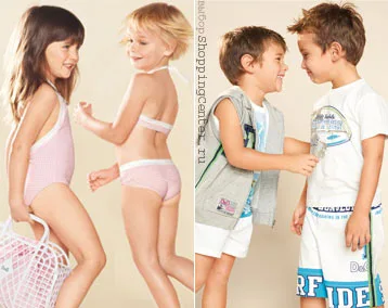 На фото модная пляжная одежда для девочек и мальчиков Розовые купальник и бикини для девочек, пляжные комплекты для мальчиков D&G 